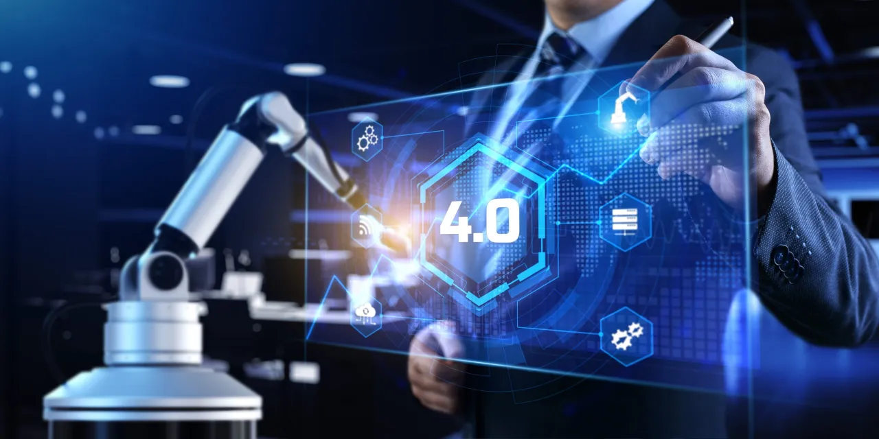 TRANSIZIONE4-0-NUOVE-REGOLE-2025 Braccio robotico e interfaccia digitale rappresentano la Transizione 4.0 e l'innovazione industriale
