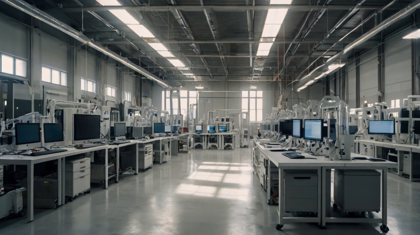 Laboratorio tecnologico moderno con postazioni informatiche e macchinari, simbolo di investimenti strategici per l’innovazione industriale.