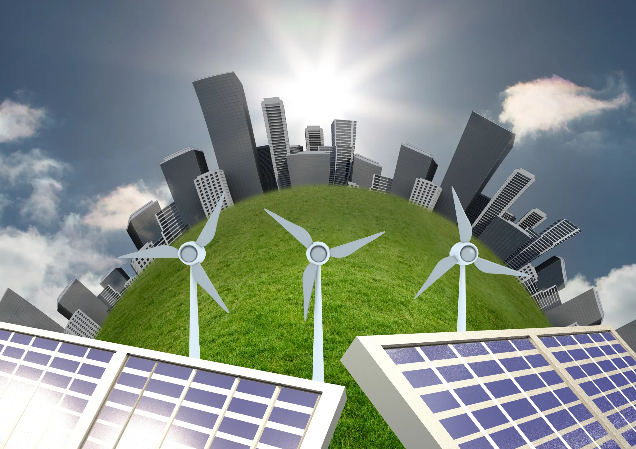 Panorama urbano con pannelli solari e turbine eoliche su una collina verde, simbolo di comunità energetiche rinnovabili e sostenibilità ambientale.