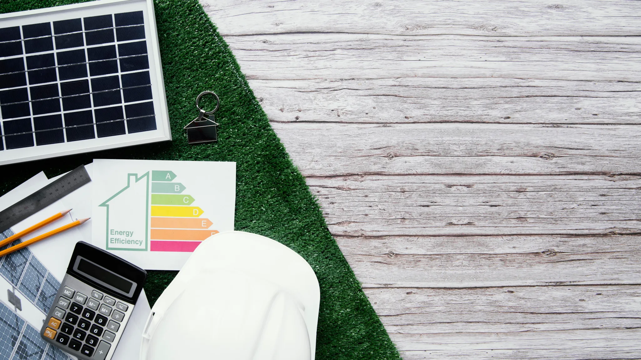 Strumenti e documenti per il risparmio energetico, con pannello solare, classe energetica e casco da cantiere.