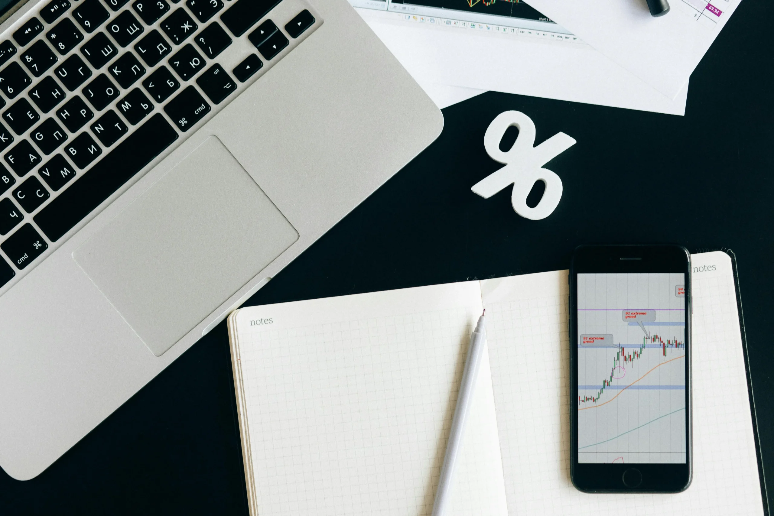 Scrivania con computer portatile, taccuino, smartphone con grafico finanziario e simbolo percentuale, a rappresentare analisi e investimenti.