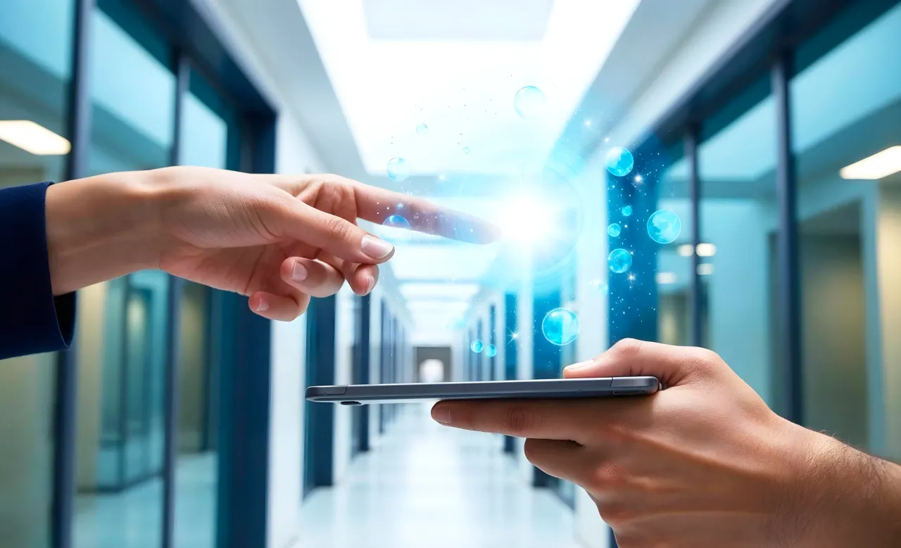 Due mani che si avvicinano con effetti luminosi digitali blu tra di loro, una tiene uno smartphone, in un corridoio d'ufficio moderno