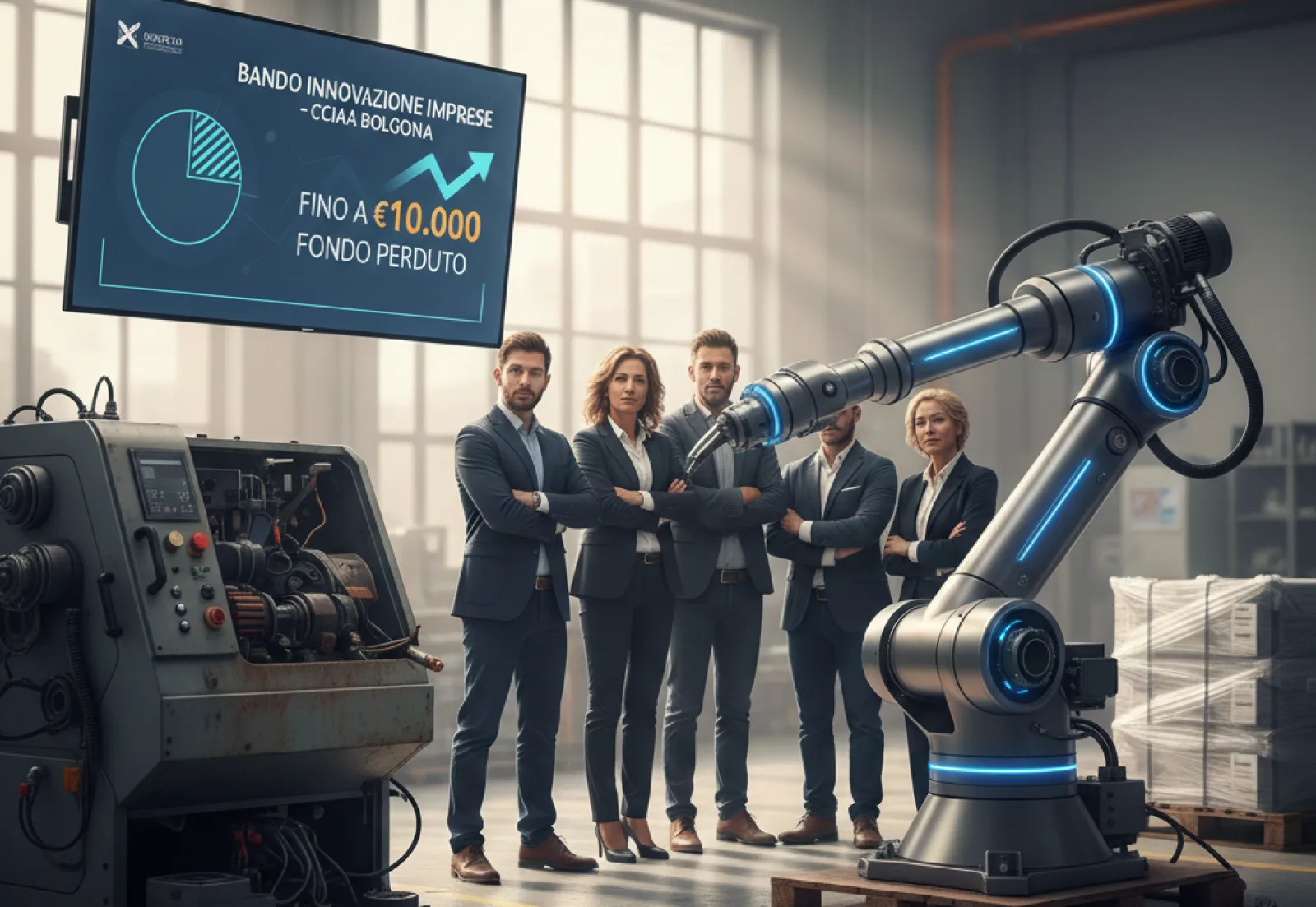 Rappresentazione di un moderno braccio robotico industriale e un vecchio macchinario in una fabbrica di Bologna per il bando innovazione.