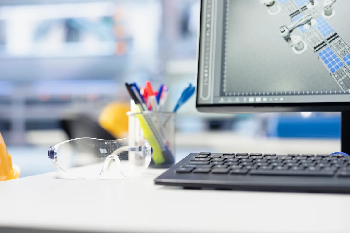 Scrivania professionale con monitor che mostra un progetto tecnico, occhiali protettivi e DPI, a simboleggiare investimenti in sicurezza e tecnologia per nuove imprese.