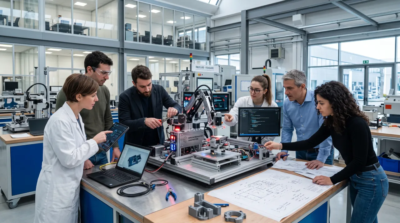 Team di ingegneri e ricercatori al lavoro sullo sviluppo di un prototipo industriale innovativo in laboratorio tecnologico