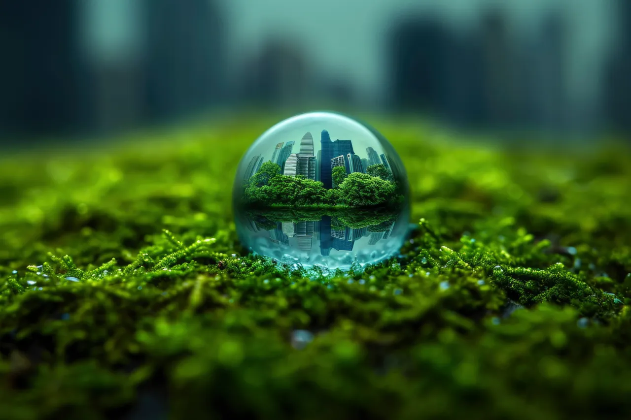 Sfera trasparente su un letto di muschio verde che riflette una città sostenibile e alberi, a simboleggiare la transizione ecologica e gli investimenti green del Fondo Energia Emilia-Romagna 2026.