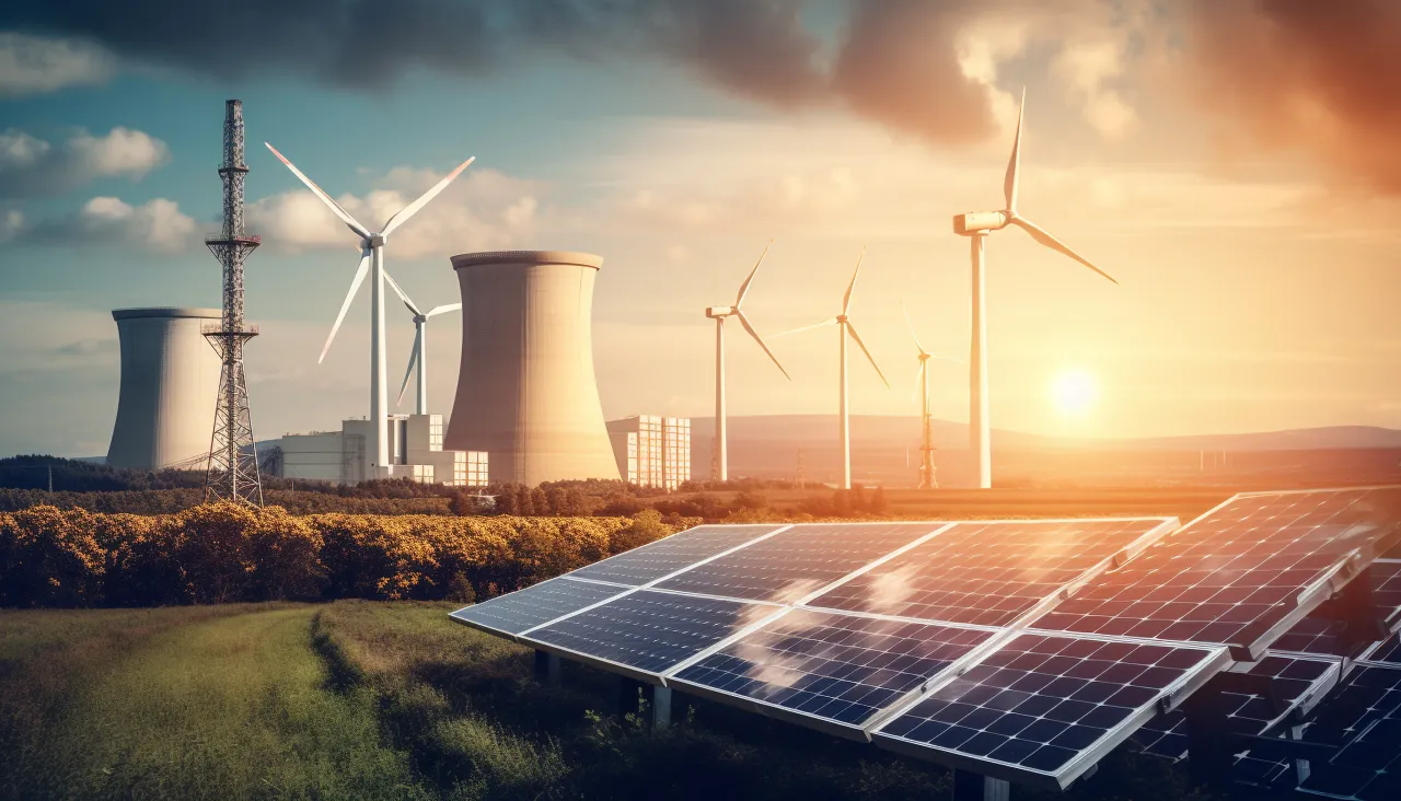 Pannelli fotovoltaici e pale eoliche al tramonto vicino a un polo industriale, a rappresentare il bando per l'installazione di impianti solari e transizione energetica delle imprese in Emilia-Romagna.
