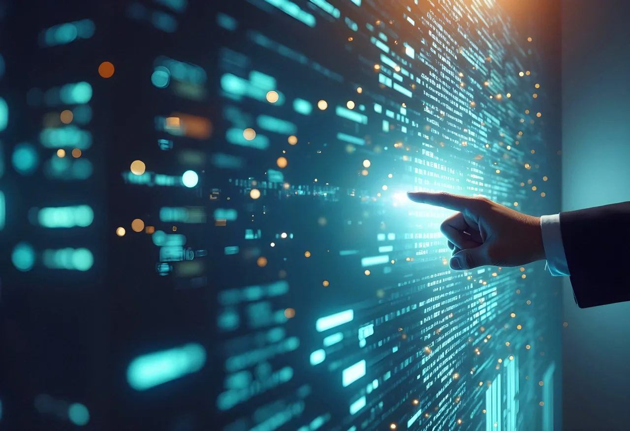 Mano di una figura professionale che interagisce con un'interfaccia digitale luminosa e flussi di dati, a rappresentare le tecnologie 4.0 e la transizione digitale del bando Voucher Digitalizzazione PMI Piemonte 2026.