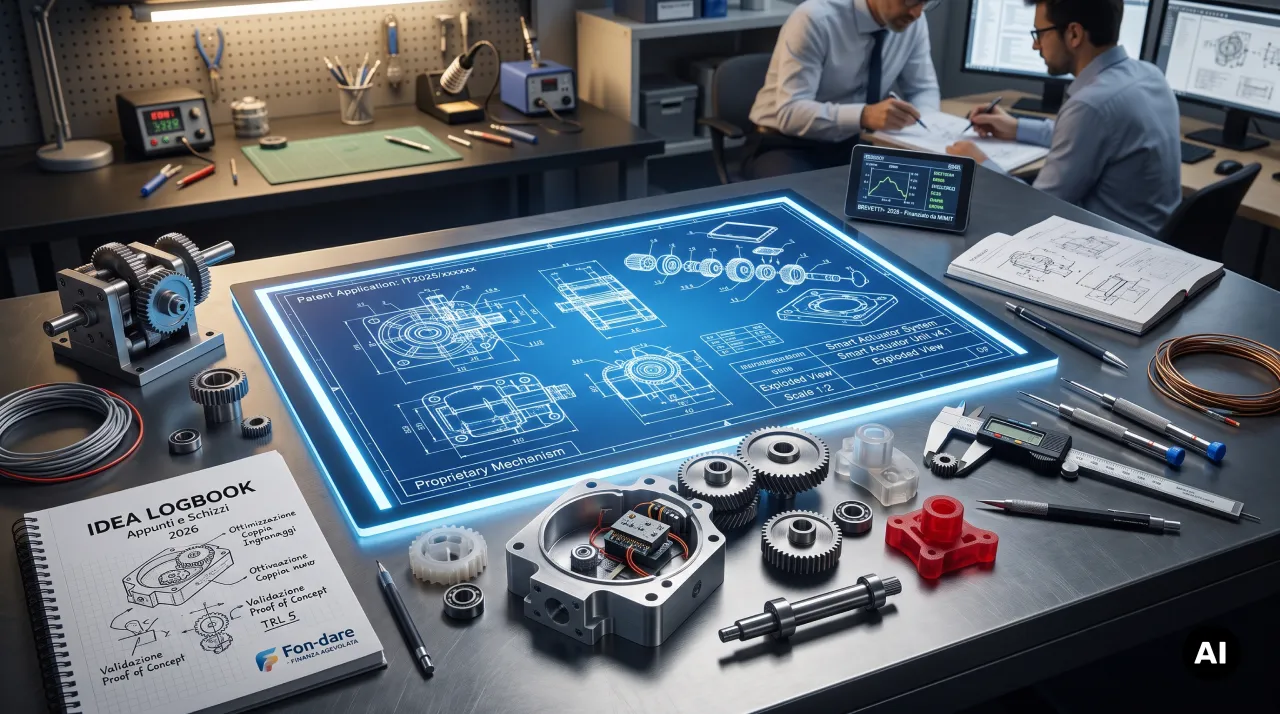 Tavolo da lavoro con disegni tecnici, prototipi meccanici e componentistica industriale per il bando Brevetti+ 2026
