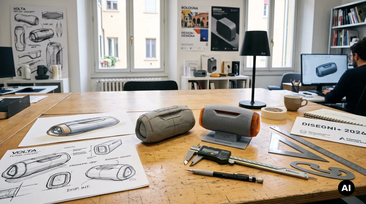 Tavolo da lavoro con bozzetti di industrial design, calibro di precisione e prototipi per il bando Disegni+ 2026