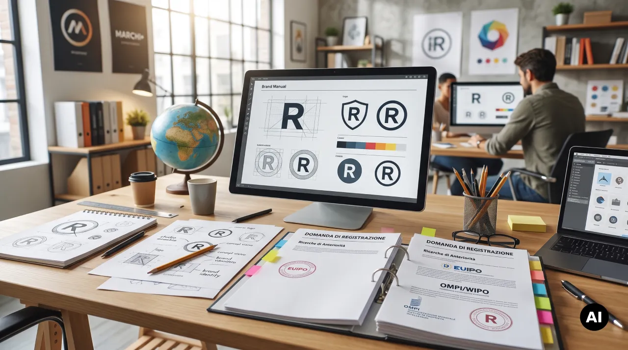 Postazione di lavoro con brand identity, manuale di logo design e documenti di registrazione marchi EUIPO e OMPI per il bando Marchi+ 2026